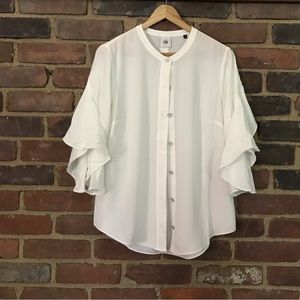 CAbi #5521 float flutter 3/4 sleeve white blouse button front top -small